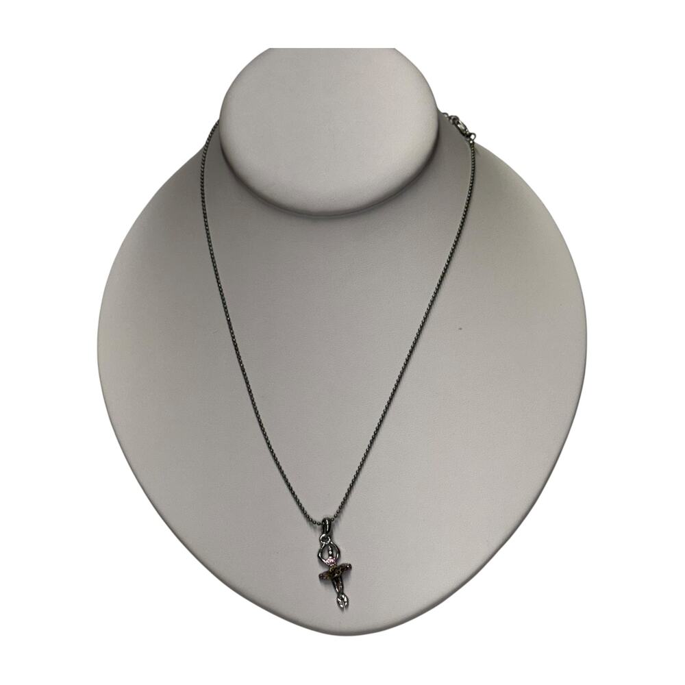 Silver Ballerina Pendant Necklace Pink Rhinestone Ball Chain Dance - Picture 2 of 6